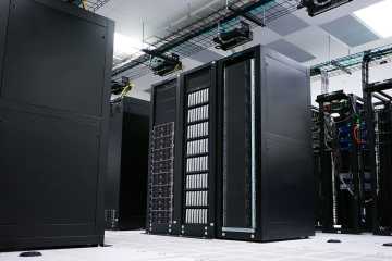 Data centre with racks and servers.