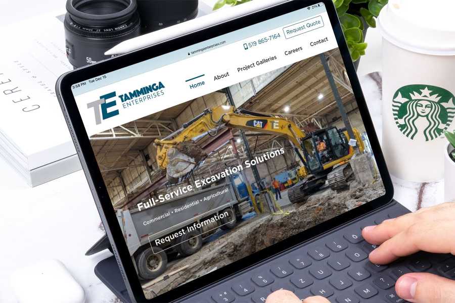 Mock-up of the new Tamminga Enterprises web site design on an iPad.