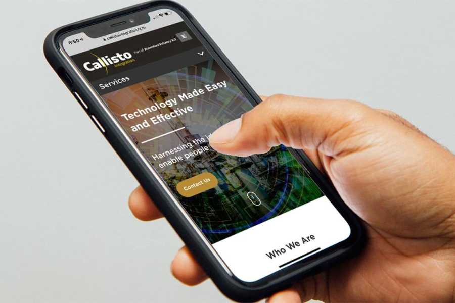 Mock-up of Callisto Integration website on an iPhone.